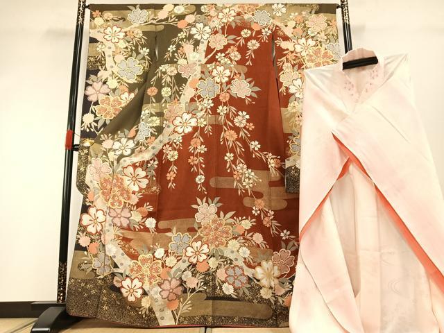 平和屋着物●豪華振袖・長襦袢(無双仕立て)セット　草花文　暈し染め　金彩　半衿刺繍　正絹　逸品　AABG4652fy
