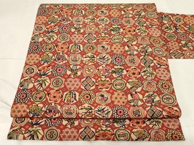 平和屋着物◎塩瀬　九寸名古屋帯　型染め　草花文　正絹　逸品　未使用　CABA2131dy