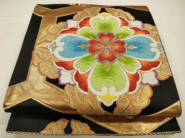 平和屋着物◎六通柄袋帯 唐織 正倉院花文 黒地 金銀糸 正絹 逸品 CABA3765qe