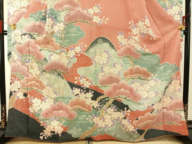 平和屋着物●名門　藤娘きぬたや・総絞り(杢目絞り)　振袖　松竹梅　正絹　逸品　AABG4662fy