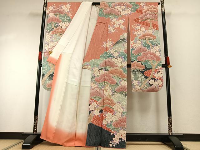 平和屋着物●名門　藤娘きぬたや・総絞り(杢目絞り)　振袖　松竹梅　正絹　逸品　AABG4662fy
