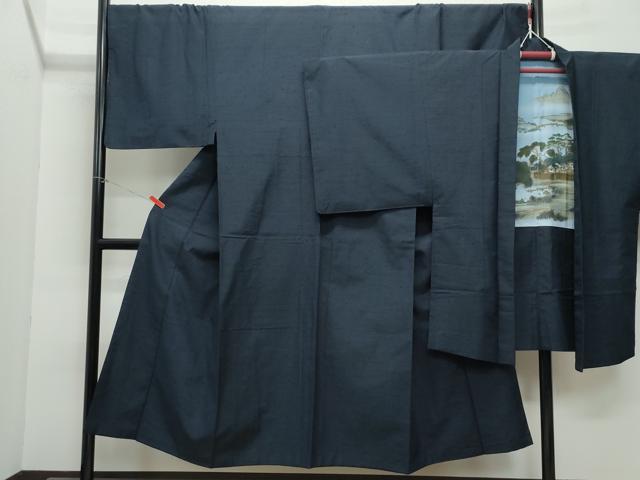 平和屋着物●男性　紬　アンサンブル　濃紺色　キングサイズ　正絹　逸品　CAAY3014vf
