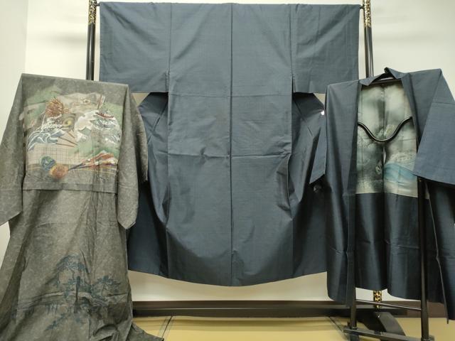 平和屋着物●男性　本場大島紬　アンサンブル　長襦袢セット（無双仕立て）　80亀甲　総詰め　正絹　逸品　DAAU0619tw