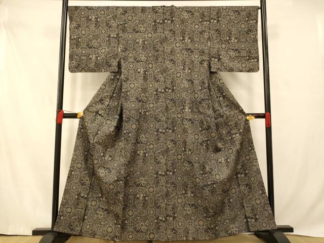 平和屋着物■上質な紬 天井草花文 黒地 正絹 逸品 AABD6910fw