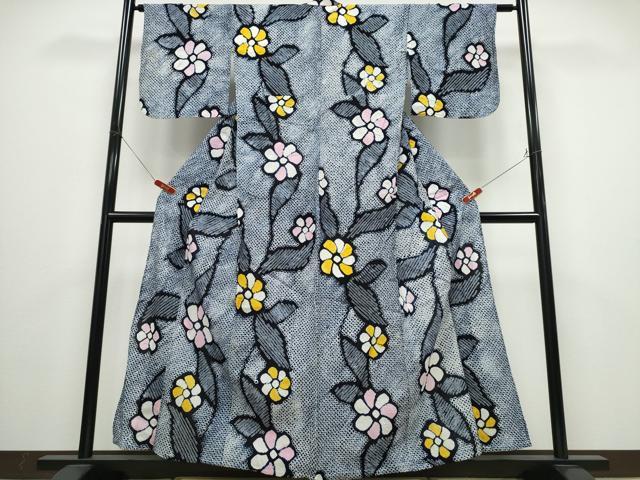 平和屋着物∴夏物　浴衣　有松鳴海絞り　舞葉花文　綿　逸品　CABD2635ng