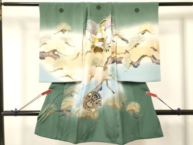 平和屋着物[]お宮参り　男の子　祝着　産着　初着　のしめ　駒刺繍　鷹　鷲　松文　暈し染め　金彩　逸品　DABA3729ma