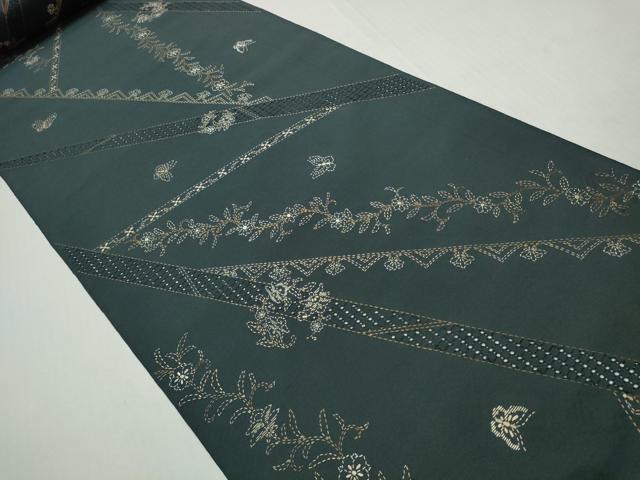 平和屋着物●中国三大刺繍　スワトウ刺繍　汕頭刺繍　総刺繍　小紋　反物　着尺　刺し子　斜線花蝶文　逸品　未使用　DABH2588zzz heiwaya-11212026 平和屋 サンプル画像2