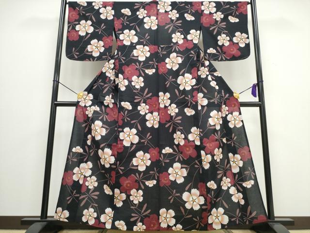 平和屋着物∴夏物　浴衣　草花文　黒地　綿　逸品　CAAW0940ng