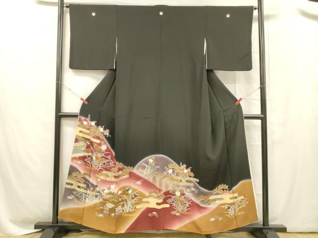 Rakuten - 平和屋着物■豪華黒留袖　駒刺繍　草花文　暈し染め　金彩　正絹　逸品　DABC8609cm