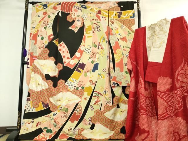 平和屋本店■極上　アンティーク 大正ロマン　振袖・長襦袢(袷・半衿刺繍)セット　駒刺繍　束ね熨斗飛鶴文　黒地　金彩　逸品　DZAA6427kh5