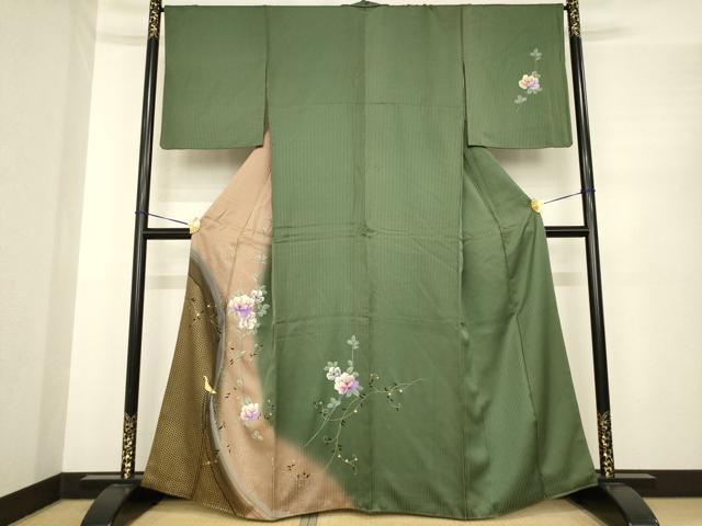 Full-Length Under-Kimono - 平和屋着物●訪問着　花鳥唐草文　暈し染め　金銀彩　正絹　逸品　AABE7768ck