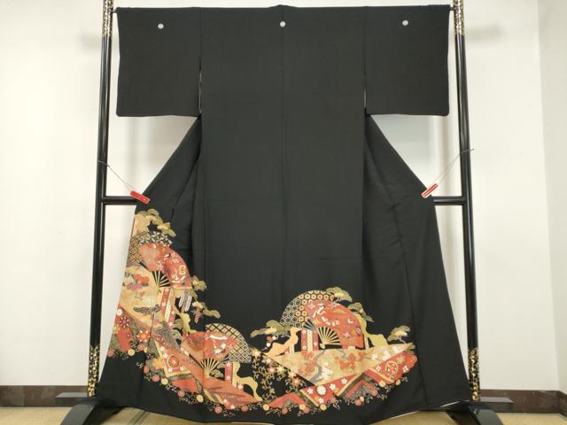 平和屋着物■豪華黒留袖 扇面飛鶴松文 金彩 正絹 逸品 DAAJ7052ya