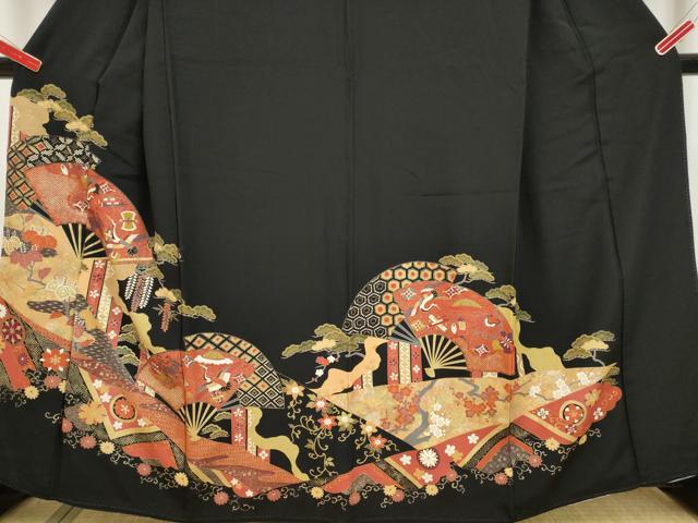 平和屋着物■豪華黒留袖　扇面飛鶴松文　金彩　正絹　逸品　DAAJ7052ya