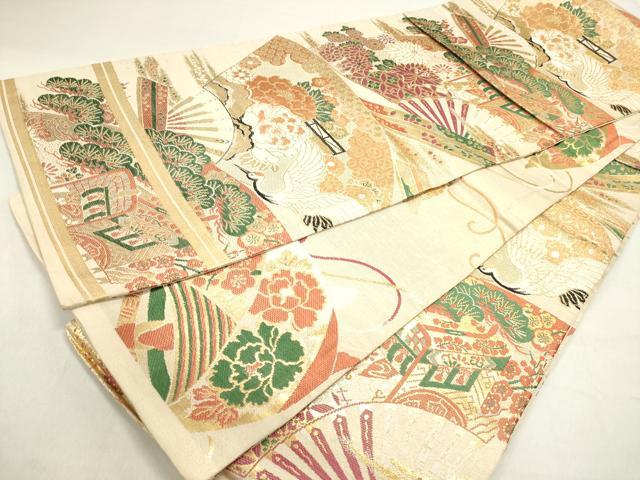 平和屋着物◎アンティーク　大正ロマン　丸帯　扇面飛鶴花松文　金糸　正絹　逸品　DABB6774ea