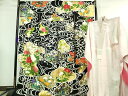 平和屋本店■極上 振袖・長襦袢(無双仕立て・半衿刺繍)セット 観世水 四季花文 黒地 金彩 逸品 DZAA6684kh5