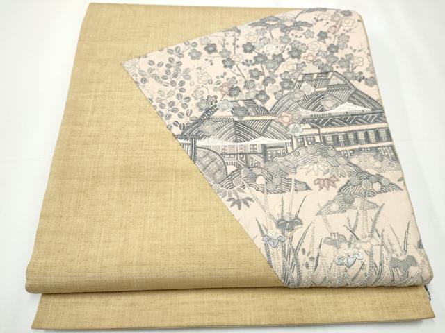 平和屋着物●中国三大刺繍　相良刺繍　太鼓柄袋帯　紬地　松竹梅風景文　正絹　逸品　CAAY2702hy