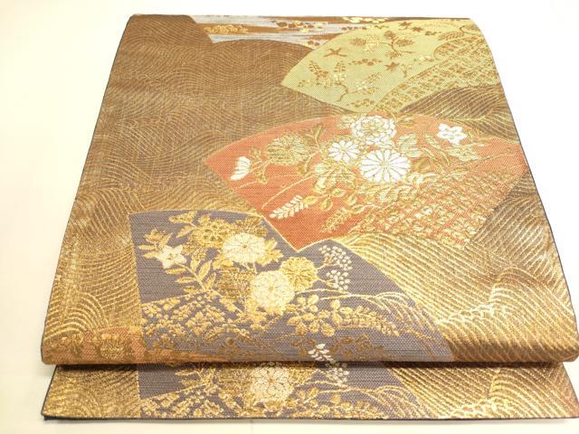 平和屋着物◎六通柄袋帯　能裳扇面裂　金糸　正絹　逸品　DAAI5657op