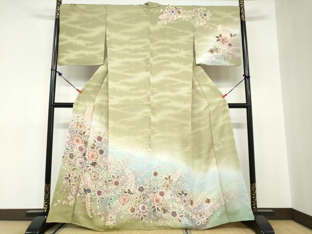 平和屋着物●越後十日町の一流染匠　桐屋・翠山工房　訪問着　絞り　辻が花　暈し染め　銀通し地　正絹　逸品　DABC2659ud