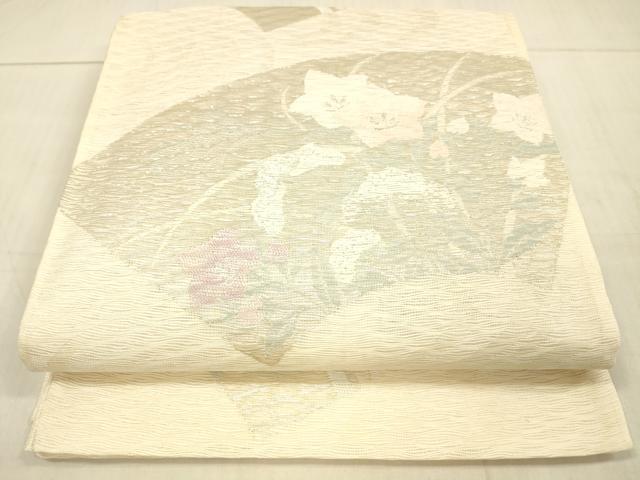 平和屋着物＊夏物 六通柄袋帯 地紙草花文 銀糸 正絹 逸品 DAAV3995cm