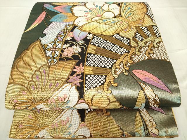平和屋着物▼六通柄袋帯　舞蝶片輪車花文　金糸　正絹　逸品　DABC3735az
