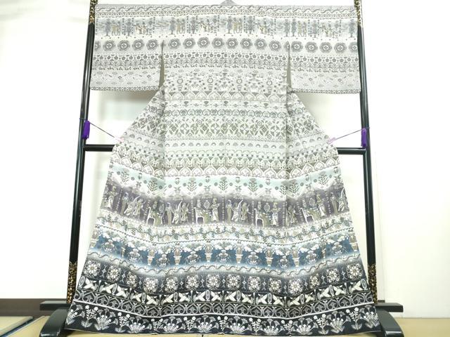 平和屋本店■極上　中国三大刺繍 スワトウ刺繍 汕頭刺繍 総刺繍　訪問着　古代人物壁画文様　暈し染め　金糸　金通し地　逸品　DZAA3356..