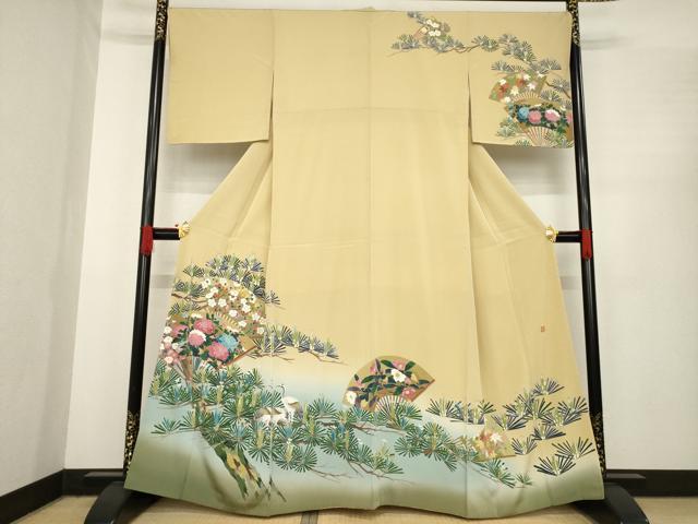 平和屋着物●訪問着　友禅　作家物　扇面群れ鶴花文　正絹　逸品　AABE7585ck