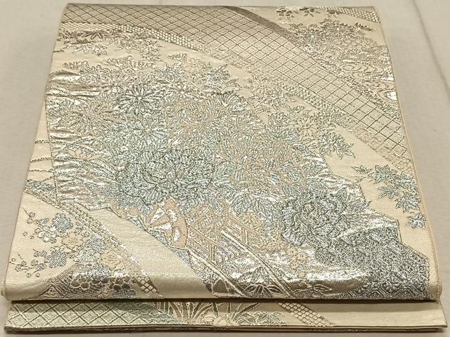 平和屋着物◎六通柄袋帯　地紙花車文　銀糸　正絹　逸品　CAAT9110qv