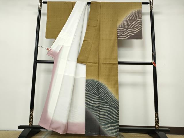 平和屋の平和屋着物●訪問着　生紬　立波文　暈し染め　金彩　正絹　逸品　未使用　CABH2551ut｜アングル2