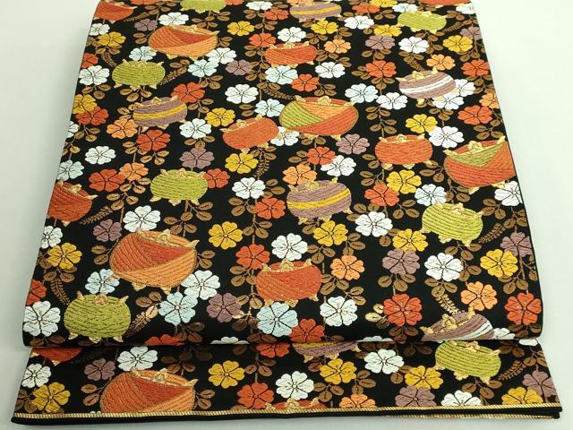 平和屋着物■極上　 西陣　河合美術織物謹製　六通柄袋帯　唐織　糸車花文　黒地　金糸　逸品　DZAB0065..