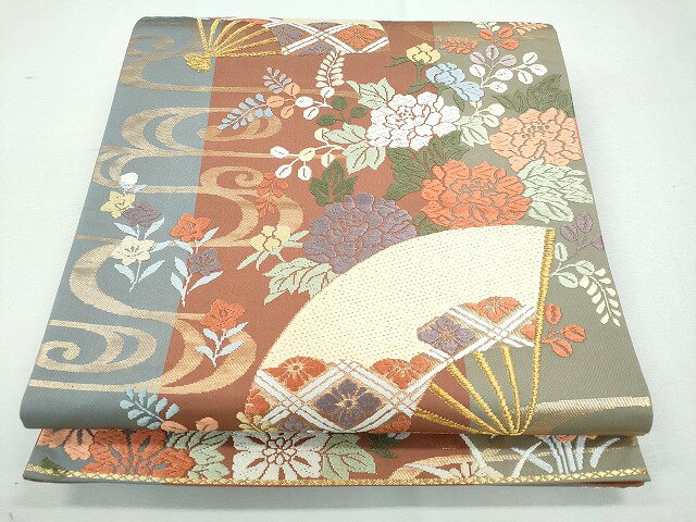 平和屋着物◎六通柄袋帯　流水扇面草花文　金糸　逸品　CAAI3755ku