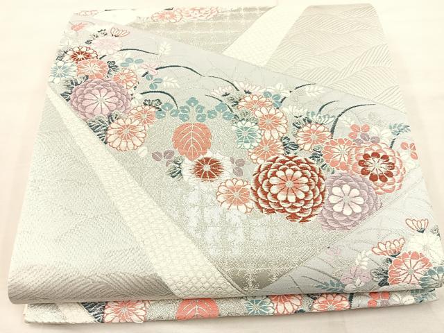 平和屋着物◎六通柄袋帯　唐織　菊花文　プラチナ二重箔　銀糸　正絹　逸品　BAAU0320mz
