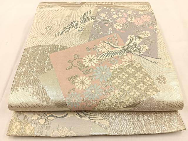平和屋着物◎六通柄袋帯　唐織　色紙重ね飛鶴花文　金銀糸　正絹　逸品　BAAV2989hj