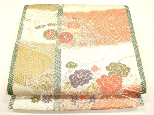 平和屋着物◎六通柄袋帯　地紙流水草花文　金糸　正絹　逸品　CAAJ9790oy