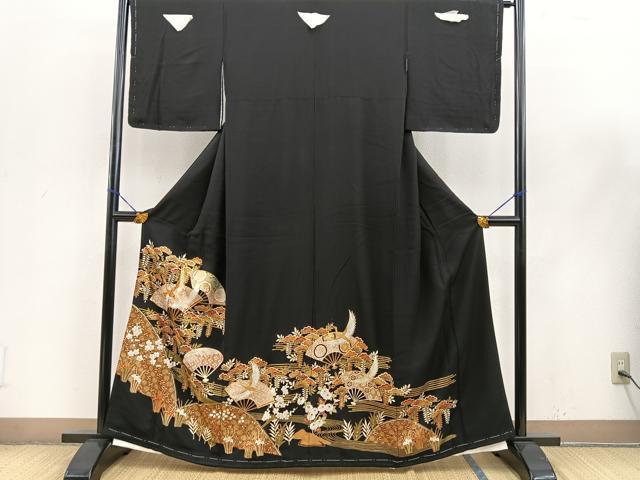 平和屋着物■豪華黒留袖 駒刺繍 扇面飛鶴花文 金彩 正絹 逸品 BAAN7619ct