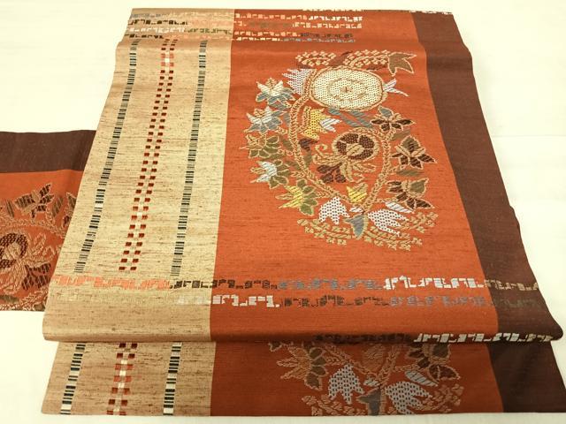 乐天商城 - 平和屋着物◎九寸名古屋帯　紬地　花唐草文　金糸　正絹　逸品　AABF4654yx
