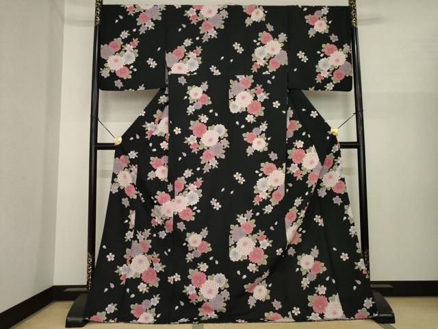 平和屋着物●小紋　舞花文　黒地　ロング丈　洗える着物　AABI8204ck