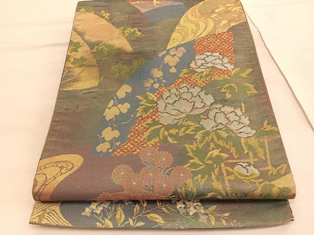 平和屋着物◎六通柄袋帯 地紙花文 金糸 正絹 逸品 BAAV5163hv