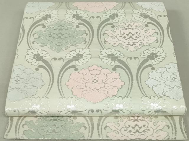 平和屋着物▼六通柄　本袋帯　唐織　縦枠花文　銀糸　正絹　逸品　DAAT0322ob