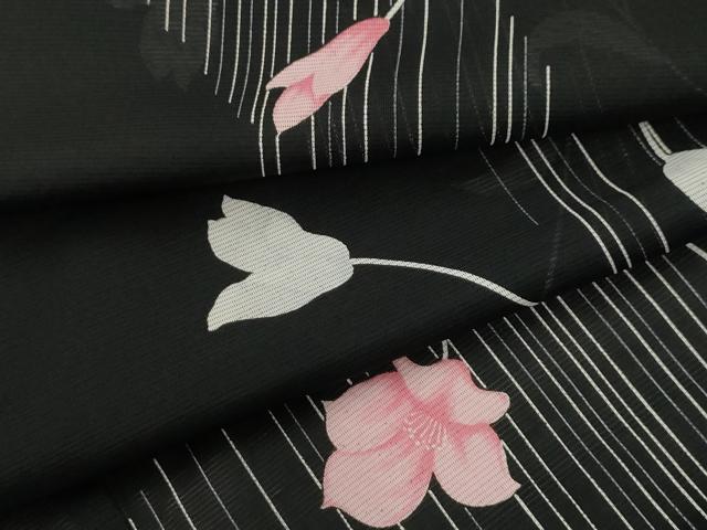 平和屋着物＊夏物　小紋　絽　草花文　黒地　洗える着物　AAAW1955sx