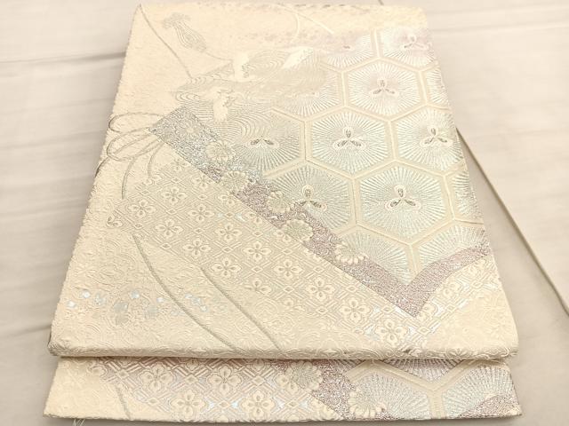 平和屋着物◎六通柄袋帯　唐織　飛鶴地紙有職文様　銀糸　正絹　逸品　BAAV5170hv