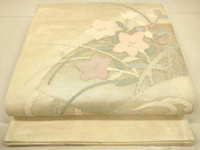 平和屋着物＊夏物　太鼓柄袋帯　流水地紙草花文　銀糸　正絹　逸品　DAAT1832cm