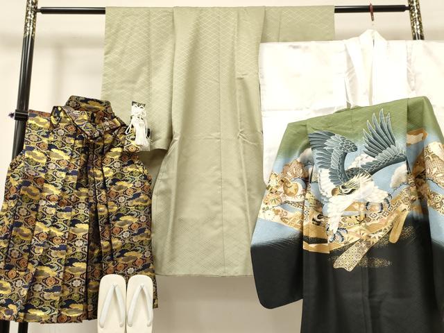 Kimono （For Girls） - 平和屋着物[]七五三　男の子　祝着・羽織・長襦袢(単衣)・行灯袴・小物セット　鷹　鷲　束ね熨斗花文　暈し染め　金彩　DABA3594ma