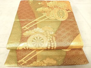 平和屋着物◎本綾佐賀錦 伝統工芸品産業功労者 岡野武一郎 六通柄袋帯 花車文 金糸 正絹 逸品 AAAZ2260yx