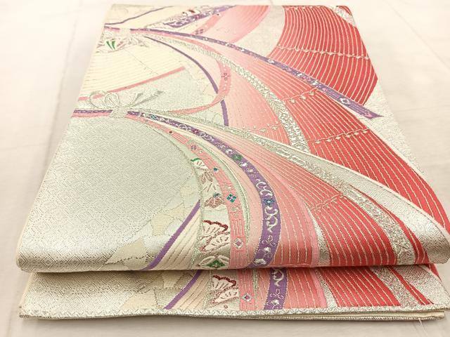平和屋着物◎六通柄袋帯　唐織　束ね熨斗吉祥花文　銀糸　正絹　逸品　BAAV4215yc