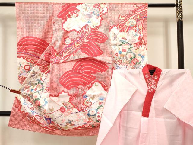 Rakuten - 平和屋着物[]七五三　女の子　3歳　祝着　三つ身　長襦袢(単衣・半衿刺繍)セット　糸車花蝶文　金銀彩　洗える着物　DABC5153ma