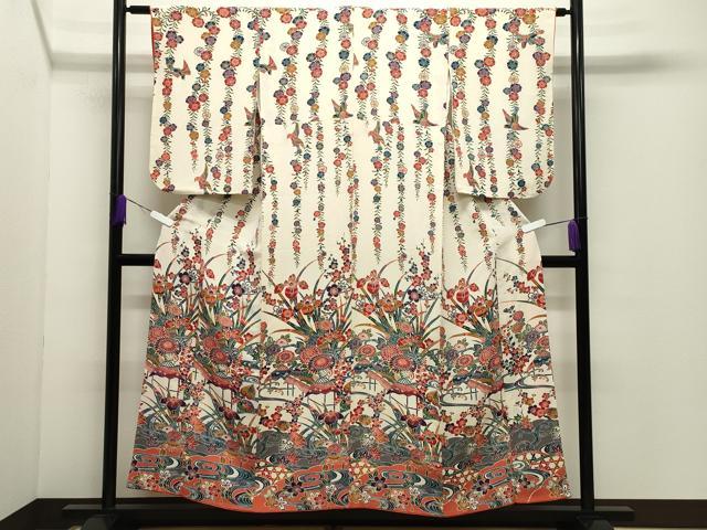 Full-Length Under-Kimono - 平和屋着物●訪問着　型染め　流水草花文　鬼しぼ縮緬　正絹　逸品　CABD9464gh