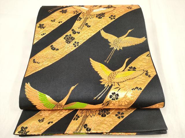 平和屋着物[]女の子 子供 全通柄袋帯 唐織 飛鶴熨斗花文 黒地 金糸 逸品 DABH5317ea