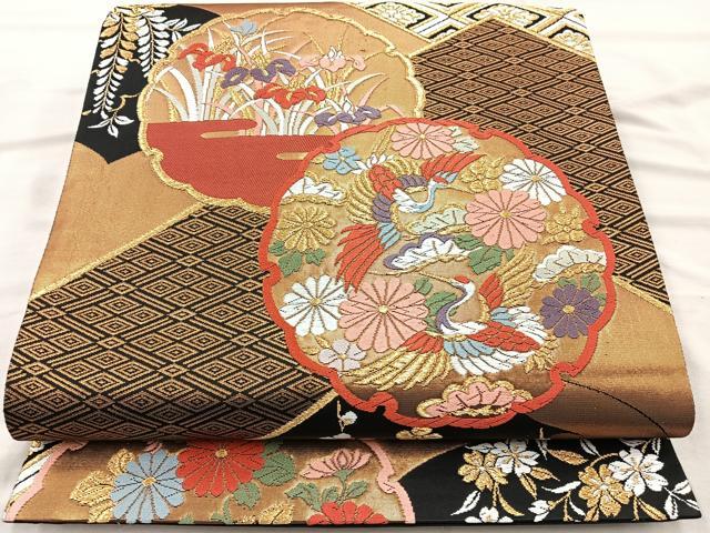 平和屋着物◎六通柄袋帯　唐織　雪輪　飛鶴花文　黒地　金糸　正絹　逸品　BAAR2908cm