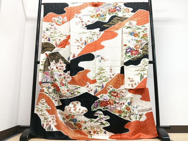 Rakuten - 平和屋着物■豪華振袖　駒刺繍　風景花文　金彩　正絹　逸品　CABH4331xe