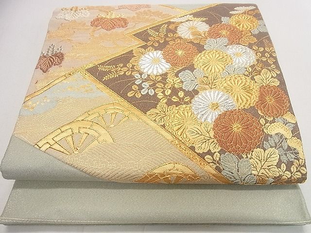 平和屋着物◎綴れ　太鼓柄袋帯　片輪車花松文　金銀糸　逸品　DAAD7227ud